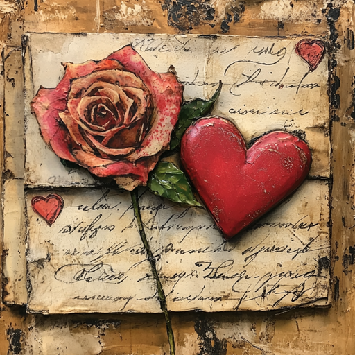 A 10" x 10" Vintage Valentine's Love Letter Sign TTE-116 artwork showcases a realistic red rose and heart against a handwritten script backdrop, forming a romantic and vintage feel.