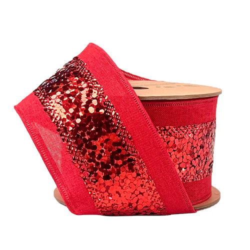 The 2.5" Red Metallic Striped Ribbon WR-10231-063-10 features a shiny sequin center strip for a glittery, reflective look. The ribbon is partially unrolled and displayed upright.
