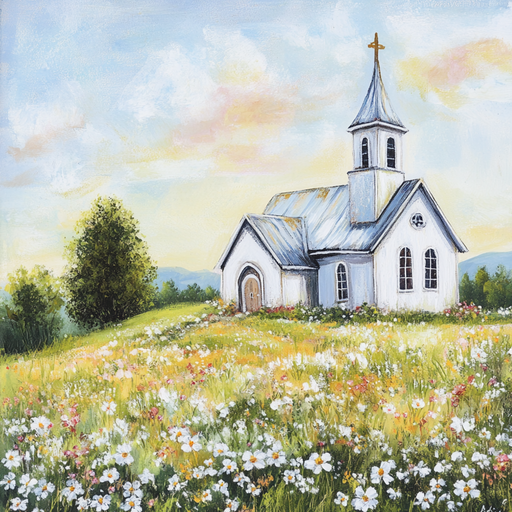 The 10 x 10 Watercolor Church Sign TTE-238 features a tranquil scene of a small white church with a steeple and cross, surrounded by wildflowers in a lush meadow under a blue sky with pastel clouds, and accompanied by an elegant tree.