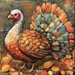 The 10 x 10 Watercolor Turkey Sign TTE-272 displays a turkey with orange, brown, and blue feathers amid autumn leaves on a textured, earthy background.