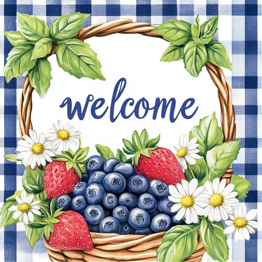 The TTE-252 Welcome Blueberries & Strawberries sign, sized 10 x 10, features an illustration of a basket with blueberries, strawberries, and daisies surrounded by green leaves. Welcome in blue script adorns the top against a blue and white checkered background.