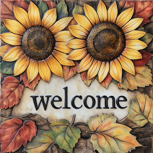 The 10 x 10 Welcome Fall Sunflowers Sign (2) TTE-297 showcases two sunflowers and autumn leaves around a bold “welcome” on a charming metal sign.