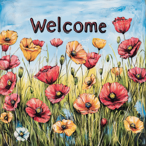 The 10 x 10 Welcome Poppy Sign TTE-196 features vibrant red, orange, and yellow poppies under a blue sky. Welcome Poppy Sign is prominently displayed at the top in black letters, creating a warm addition to any space.