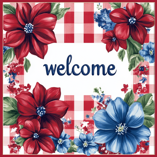The 10 x 10 Welcome Red/Blue Florals Sign TTE-250 features a festive red and white checkered background with a blue Welcome script in the center, surrounded by vibrant red and blue florals with green leaves, perfect for brightening any room.