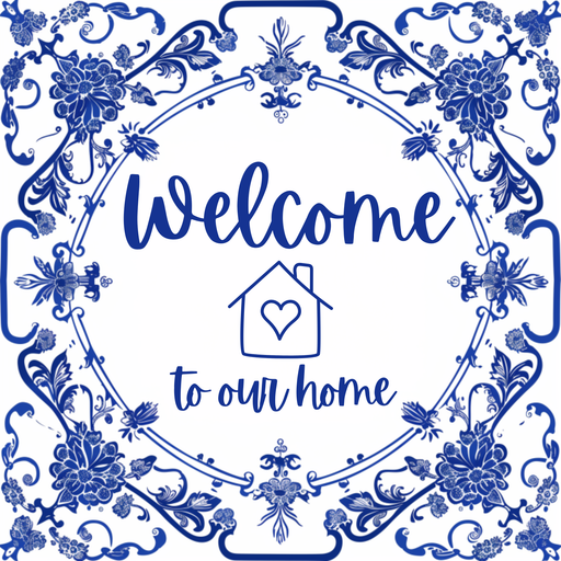 Trendy Tree exclusive Welcome to Our Home blue and white chinoiserie 10 inch metal sign for wreath making