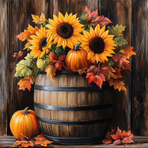 The 10 x10 Whiskey Barrel Fall Florals Sign (TTE-298) features sunflowers, orange pumpkins, and autumn leaves in a rustic barrel against a wooden background, with loose leaves and an extra pumpkin to complete the autumn scene.