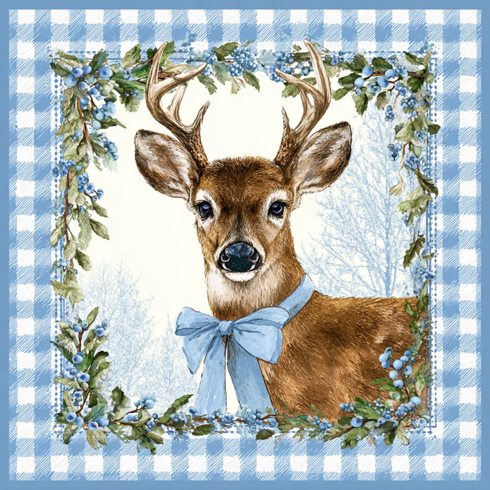 The 10 x 10 Blue Gingham Winter Deer Sign TTE-323 features a deer with antlers and a big blue bow, framed by blue plaid and blueberry branches—perfect for adding charming winter decor to your space.