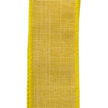 Placed on a white background is the 1.5X10Y Daffodil Poly Linen Ribbon X314809-22, a textured yellow bookmark with a daffodil hue, featuring a woven pattern and decorative stitching along the edges.
