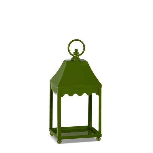 Part of the Holly Jolly Holiday Collection, the 13.5" Green Lantern X4559088 features a square base, four open sides, scalloped trim, a pointed roof, and a circular handle—perfectly festive for any space.