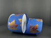 The 2.5X10Y Royal Blue Linen/Rust Embossed Leaves Ribbon (X970740-25) is shown against a plain dark background, highlighting its elegant maple leaf design.