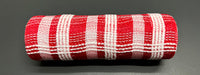 A 10"X10Y Red-White Fuzz Plaid Mesh XB235810-13 with a woven texture is placed on a dark gray surface.