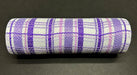 The Purple-Lavender-White Fabric Plaid Mesh, 10X10Y XB240110-11 cylindrical object features a checkered pattern of purple, lavender, and white fabric against a dark background.