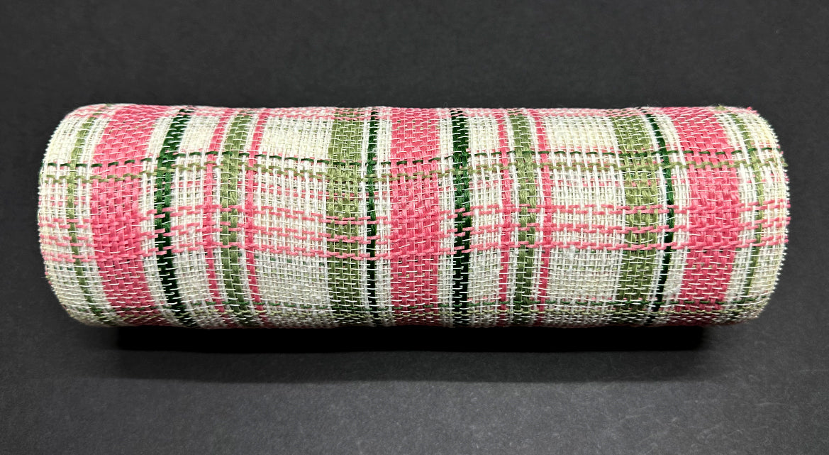 The Pink-Green-White Fabric Plaid Mesh, 10"X10Y (XB240110-34), features a stylish pink, green, and white plaid pattern on a black background.