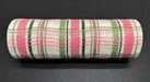The Pink-Green-White Fabric Plaid Mesh, 10"X10Y (XB240110-34), features a stylish pink, green, and white plaid pattern on a black background.