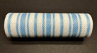 A roll of White-Lt Blue Ticking Fabric Mesh 10X10Y XB240310-04 features a cylindrical shape with coarse mesh texture, showcasing blue horizontal stripes on a dark background.