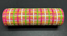The Lime-Fuchsia-Yellow Wide Weave Mesh, 10X10Y XB240410-09, features a vivid blend of lime and fuchsia crisscross patterns with pink, green, yellow, and white strands placed elegantly against a plain black background.