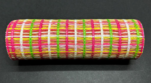 The Lime-Fuchsia-Yellow Wide Weave Mesh, 10X10Y XB240410-09, features a vivid blend of lime and fuchsia crisscross patterns with pink, green, yellow, and white strands placed elegantly against a plain black background.