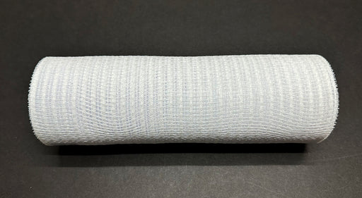 A roll of White Breeze Solid Mesh, 10"X10Y XB240710-01 rests on a dark surface, showcasing its solid mesh with a textured, grid-like pattern and appears tightly wound.