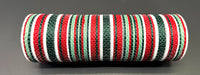 The 10X10Y Hunter-Red-Mint-White Striation Mesh XB240910-07 is a woven cylindrical object with mint green, hunter red, black, and white stripes resting on a gray surface.