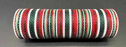 The 10X10Y Hunter-Red-Mint-White Striation Mesh XB240910-07 is a woven cylindrical object with mint green, hunter red, black, and white stripes resting on a gray surface.