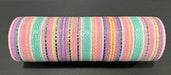 The 10X10Y Pastel Spring Striation Mesh (XB251510-03) is a cylindrical roll of fabric with vibrant horizontal pastel stripes in pink, turquoise, yellow, and green against a dark background, ideal for versatile crafting.