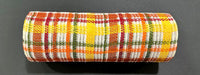 A 10X10Y Rust-Moss-Yellow Fall Plaid Mesh (XB253110-01) featuring a red, yellow, orange, green, and white plaid pattern is displayed against a dark background.