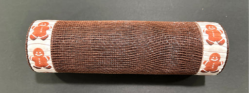 The 10X10Y Brown Mesh/Gingerbread Print Ruff Edge XB253410-38 features brown and white textured mesh with ruff edges and red gingerbread man illustrations, shown on a dark surface.