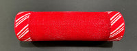 A 10X10Y Red Mesh/Candy Cane Print Ruff Edge (XB254010-01) is displayed on a dark surface, featuring red mesh with ruff edge and diagonally striped red and white ends.
