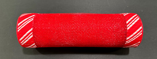 A 10X10Y Red Mesh/Candy Cane Print Ruff Edge (XB254010-01) is displayed on a dark surface, featuring red mesh with ruff edge and diagonally striped red and white ends.