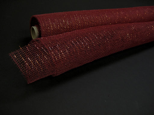 Two rolls of Burgundy/Burgundy Metallic Mesh, 10X10Y (XB90510-10), with a loosely woven texture, are displayed on a dark surface, one slightly overlapping the other.