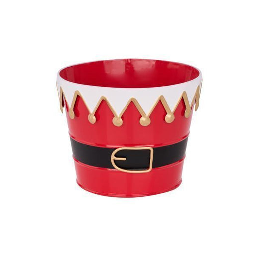 The 7x5.5 Red White and Black Santa Belt Pot (XC0162) features festive black belt and gold buckle details with white and gold zigzag trim—perfect for adding holiday cheer to your décor.