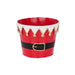 The 7x5.5 Red White and Black Santa Belt Pot (XC0162) features festive black belt and gold buckle details with white and gold zigzag trim—perfect for adding holiday cheer to your décor.