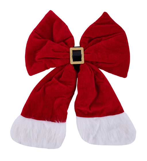 The 18 x 14.5 Santa Bow With Buckle XC725424 is a large red bow with a gold and black center buckle and white faux fur trim, adding festive Santa Claus style to your Christmas decorations.