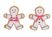 Two 8.5 x 10 Beige/White/Red Gingerbread Man Ornaments (XJ5563) feature white icing details, bright smiles, and gold hanging threads—one with a striped vest and red buttons, the other with a gingham bow tie and black buttons.