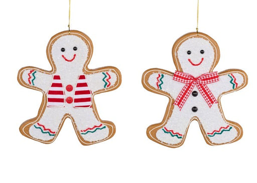 Two 8.5 x 10 Beige/White/Red Gingerbread Man Ornaments (XJ5563) feature white icing details, bright smiles, and gold hanging threads—one with a striped vest and red buttons, the other with a gingham bow tie and black buttons.