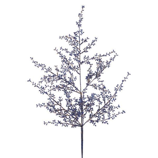 The 23 Navy Blue and Gold Brushed Seed Spray XS8672A8 features slender branches with clustered navy blue berries, ideal for elegant floral decor against a white background.