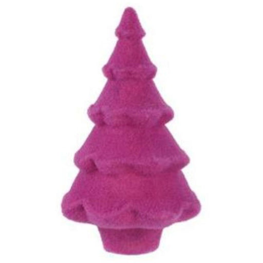 A 12-inch tall by 7-inch wide pink, textured decoration shaped like a flocked full Christmas tree, featuring multiple tiered layers and set against a plain white background, is part of the assorted bright colors collection (Product Code: XT859099).