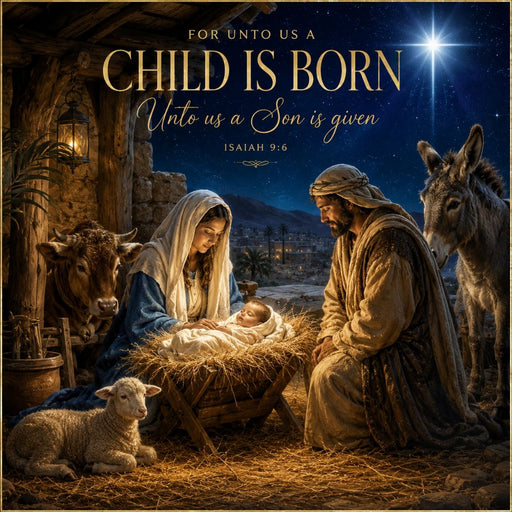 A Child Is Born 10 inch metal Christmas sign with Mary, Joseph, baby Jesus in a manger, Star of Bethlehem, cow, donkey, lamb and Isaiah 9:6 scripture, TTE-667.