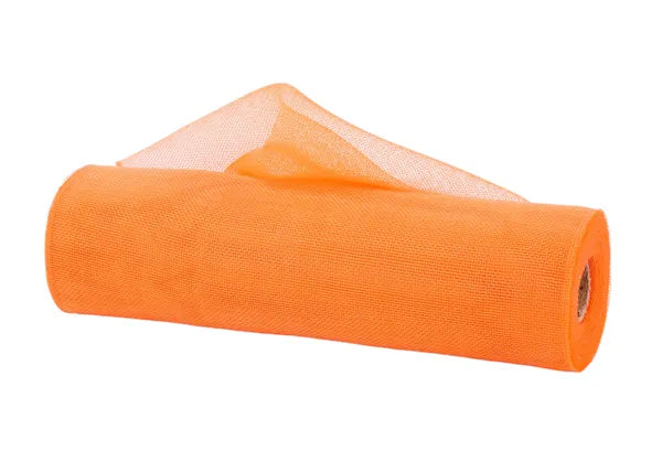 The Orange Fine Weave Mesh 10.25 Inches by 10 Yards RY500020 is partially unrolled on a white background, displaying its vibrant color and fine mesh texture.