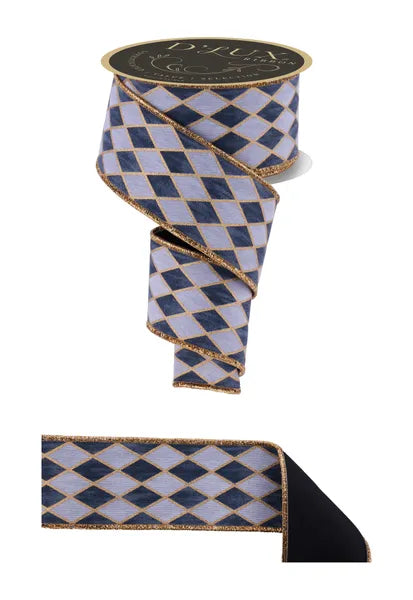 A roll of White Grey Gold Black Antique Harlequin/Fused Ribbon, 2.5 inches wide, partially unrolled to reveal its elegant diamond pattern and black backing.