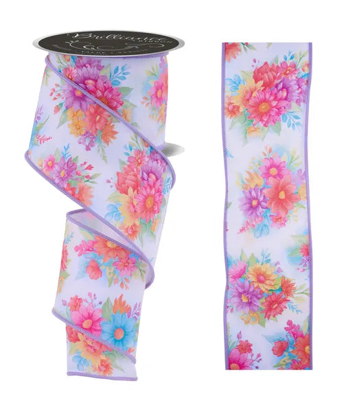 The White Lavender Pink Turquoise Bright Flowers Ribbon, 2.5" x 10 yds (LS1175K1), adds a vibrant floral touch to crafts or gifts with its colorful flower pattern and purple edging.