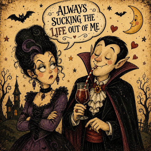 10 x 10 metal Halloween wreath sign featuring a humorous vampire couple with the phrase "Always Sucking the Life Out of Me." Exclusive Trendy Tree Design for Halloween wreaths, grapevine wreaths, or framing. SKU TTE-497.