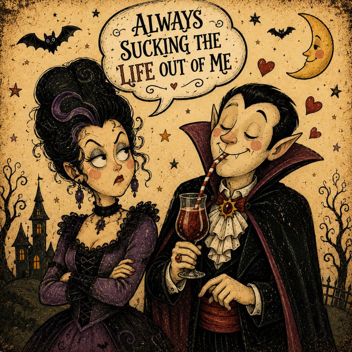 10 x 10 metal Halloween wreath sign featuring a humorous vampire couple with the phrase "Always Sucking the Life Out of Me." Exclusive Trendy Tree Design for Halloween wreaths, grapevine wreaths, or framing. SKU TTE-497.