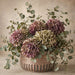 Amethyst hydrangea 10 inch metal sign with purple and beige hydrangeas, eucalyptus stems and textured bronze pot against a warm neutral background, TTE-687.