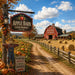 Apple Barn Farm Market 10 inch metal fall sign with red barn, pumpkins, scarecrow, hay bales and autumn country landscape, TTE-637.
