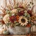 Autumn Blessings fall metal sign with sunflowers, hydrangeas, mums, eucalyptus, pumpkins, and rustic galvanized container.