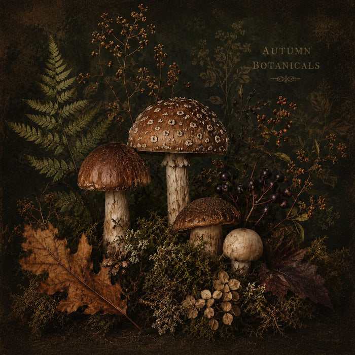 Autumn Botanicals 10 inch metal fall sign with woodland mushrooms, ferns, oak leaves, berries and moss on a dark earthy background, TTE-678.