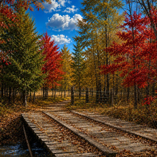 Autumn bridge 10 inch metal fall sign with rustic wooden bridge, country path and colorful red, orange and golden fall trees, TTE-645.
