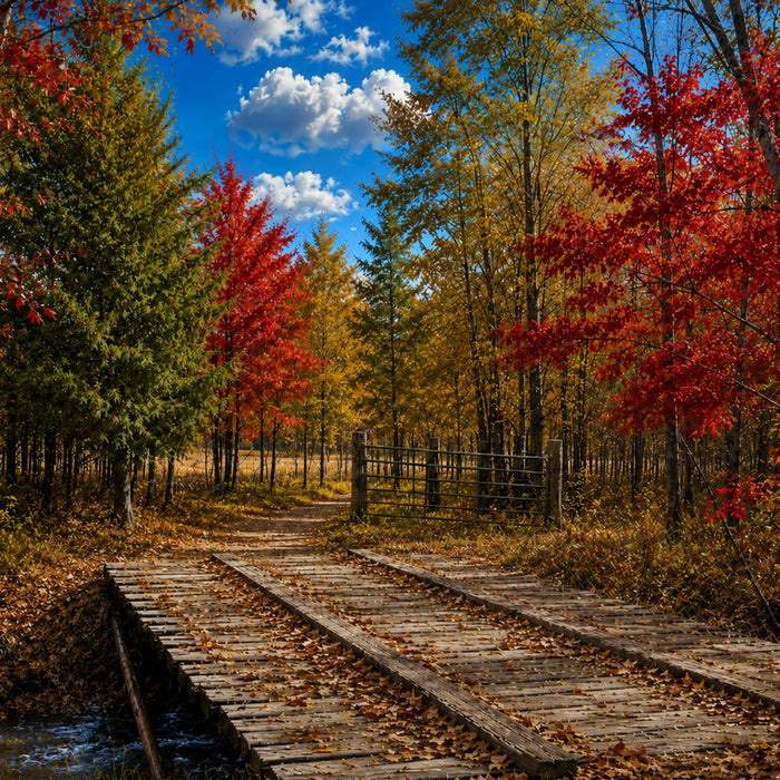 Autumn bridge 10 inch metal fall sign with rustic wooden bridge, country path and colorful red, orange and golden fall trees, TTE-645.