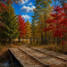 Autumn bridge 10 inch metal fall sign with rustic wooden bridge, country path and colorful red, orange and golden fall trees, TTE-645.